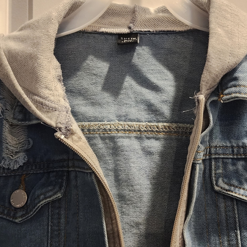 Denim distressed jacket with gray hoodie  SHEIN